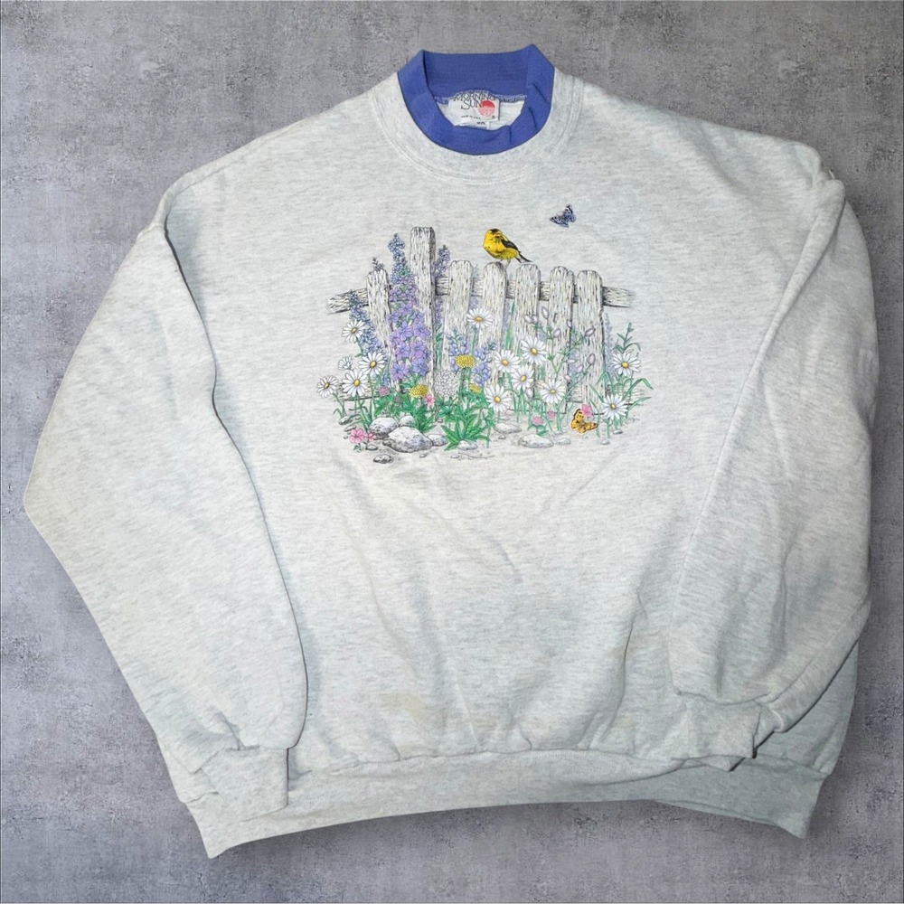Vintage Morning Sun Bird Floral Graphic Sweatshirt 3X Gray Made in USA Russell